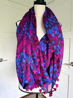J.Crew Purple and Blue Tropical Floral Cotton Tassel Trim Lightweight Scarf